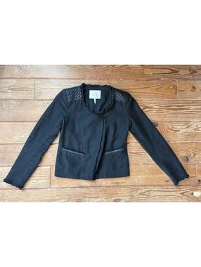 Maje Ahead Black Moto Jacket Sz 38 Cotton Linen Lambskin Leather Trim
